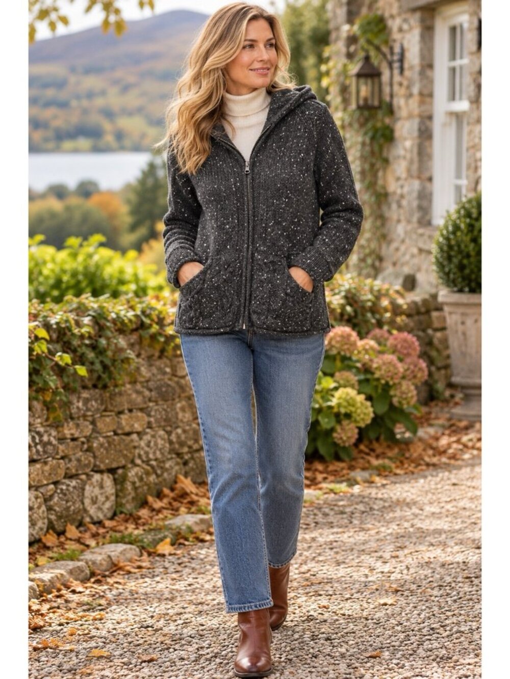 Irelands Eye Womens Size M 100% Wool Lined Hooded Sweater Jacket Gray Flecked